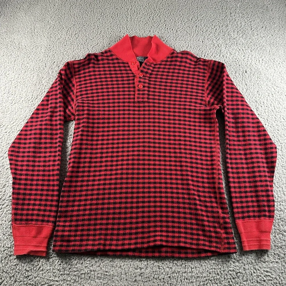 Vintage Polo Ralph Lauren Shirt Mens M Red Check Thermal Henley Cotton Hong Kong